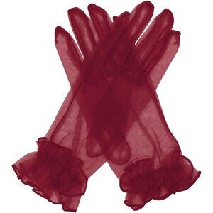 Women's Dark Red Ruffled Tulle Mesh Evening Short Gloves Wedding Party Prom